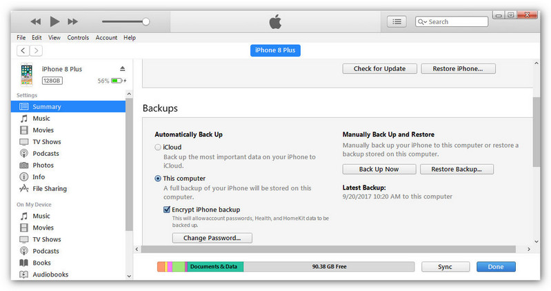 backup iPhone 8 with iTunes