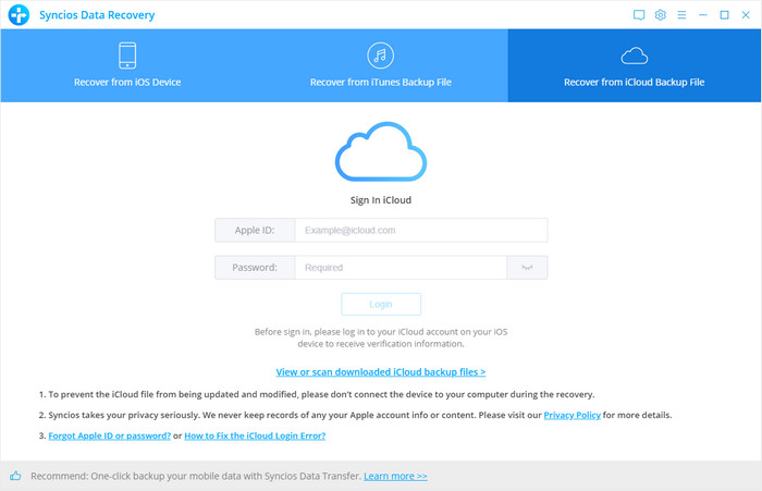 Log in iCloud to scan data in iCloud