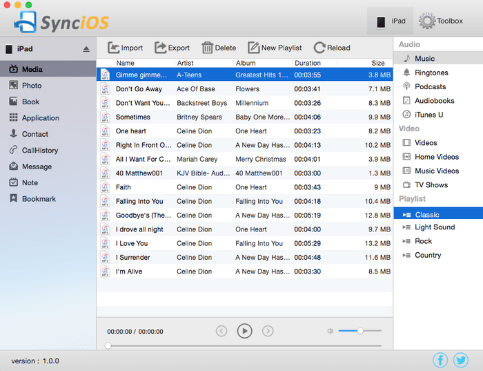 Screenshot of SynciOS iPod Transfer, iPhone Manager, iPad Backup