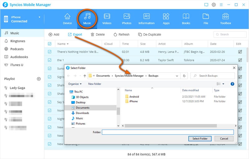 export music from iOS/android to PC