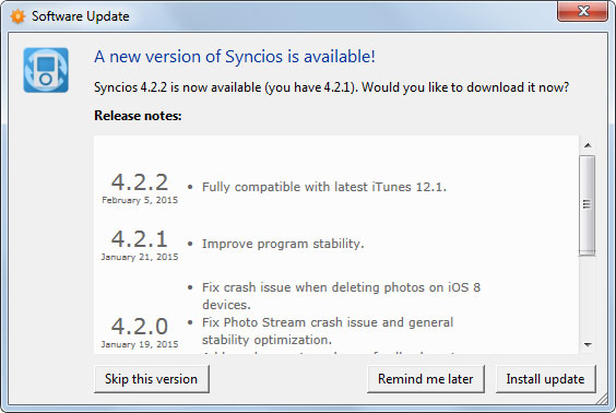 syncios release notes