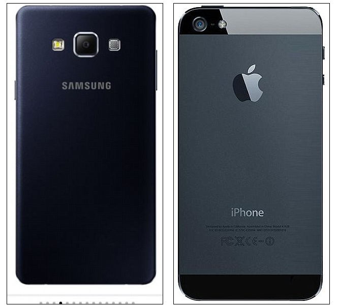 Samsung's Galaxy A7 (left) and the iPhone 5 (right)