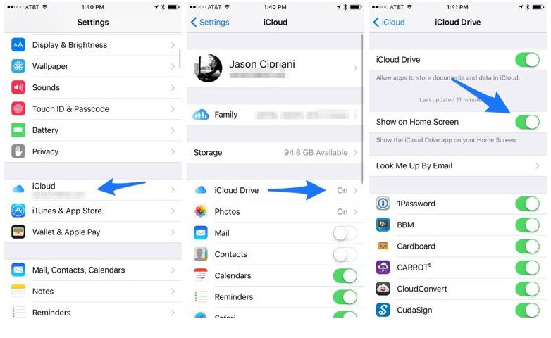 enable the iCloud Drive app on iOS 9