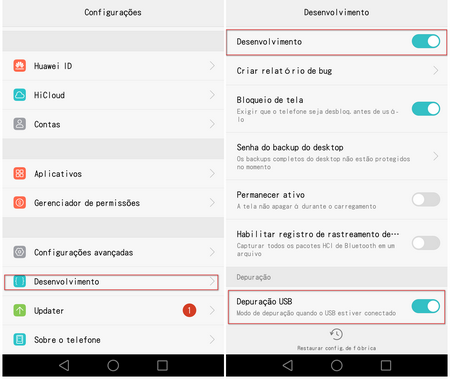 Habilitar a depuração do usb