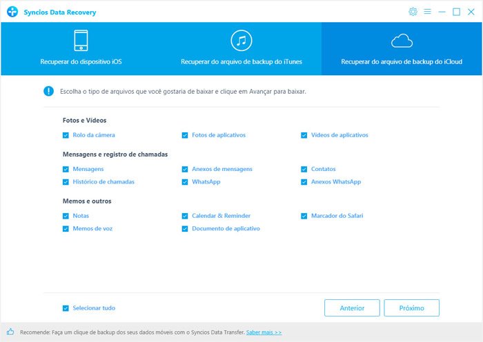 select files to download from iCloud backup file