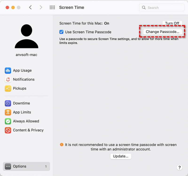 change screen time passcode on mac