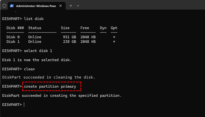 Creating a new partition using CMD