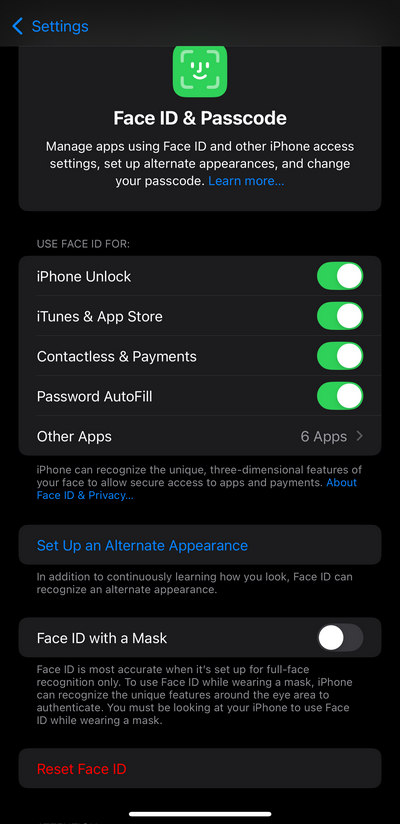 face id settings