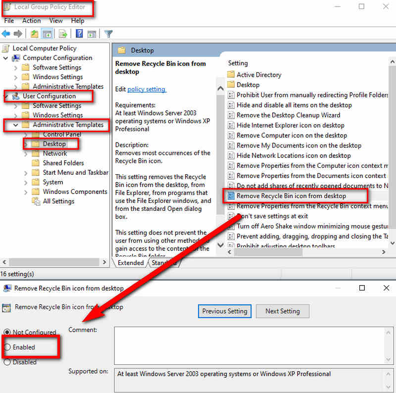 remove recycle bin from desktop with group policy editor