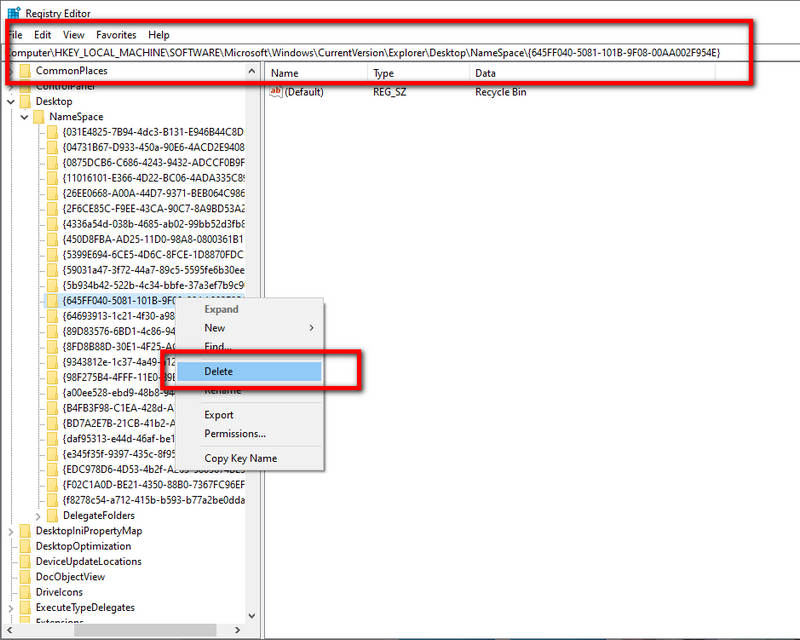 remove recycle bin from desktop with registry editor