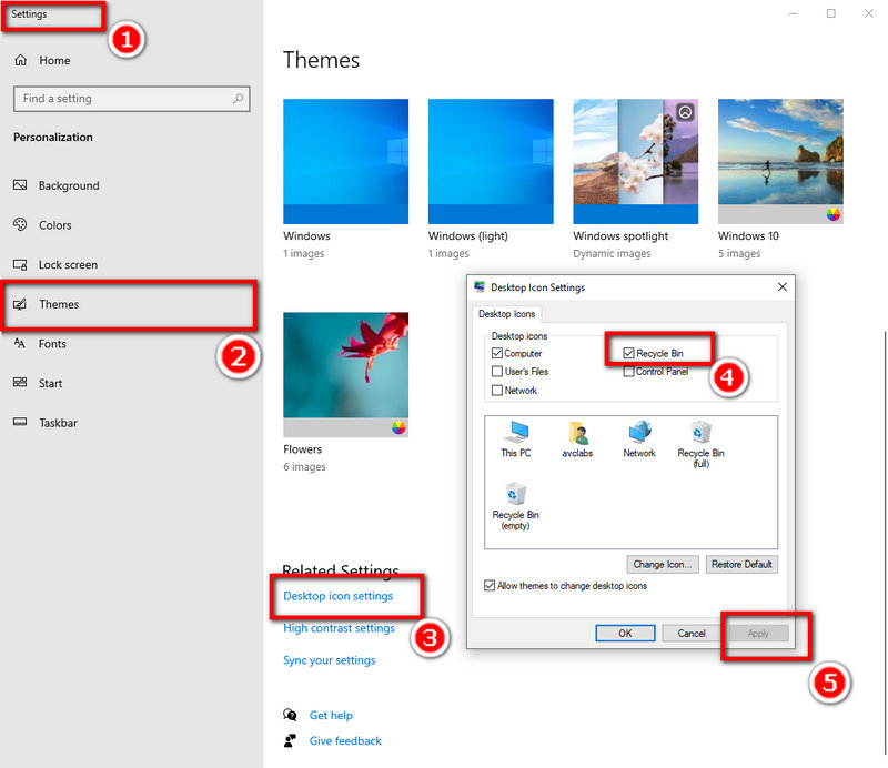 remove recycle bin from desktop with windows settings
