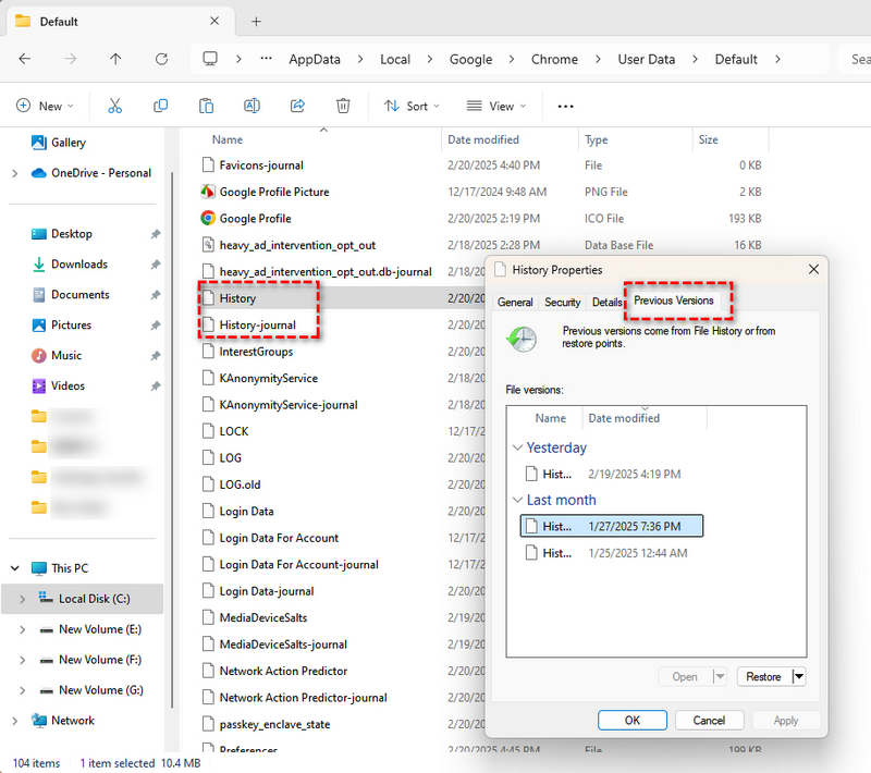 right-click to recover chrome history files