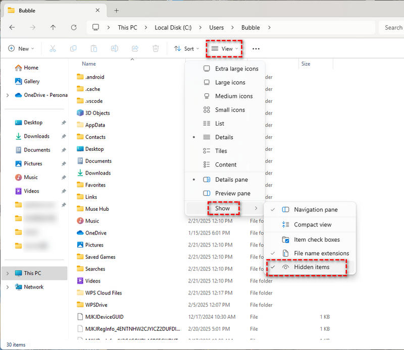 show hidden items