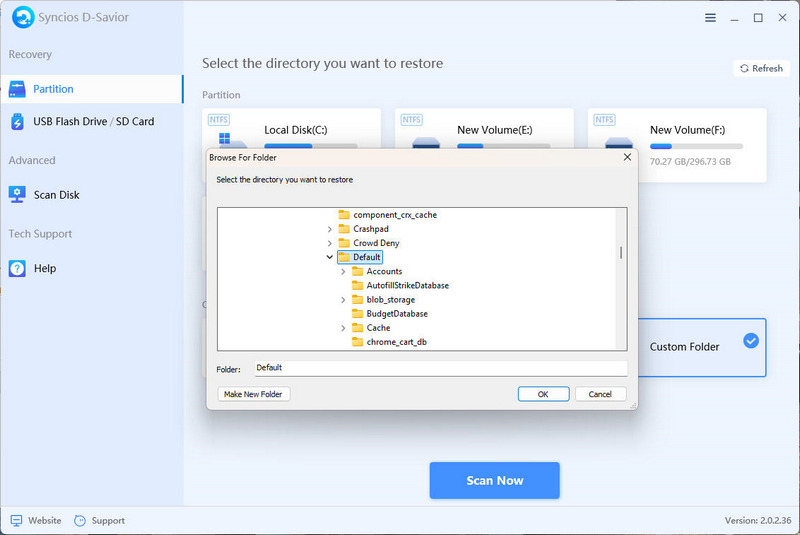 choose a custom folder to recover