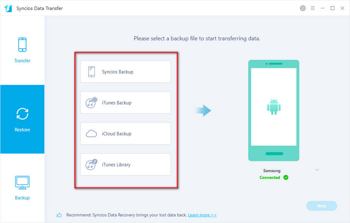 restore data to Samsung from iCloud, iTunes, iTunes Library