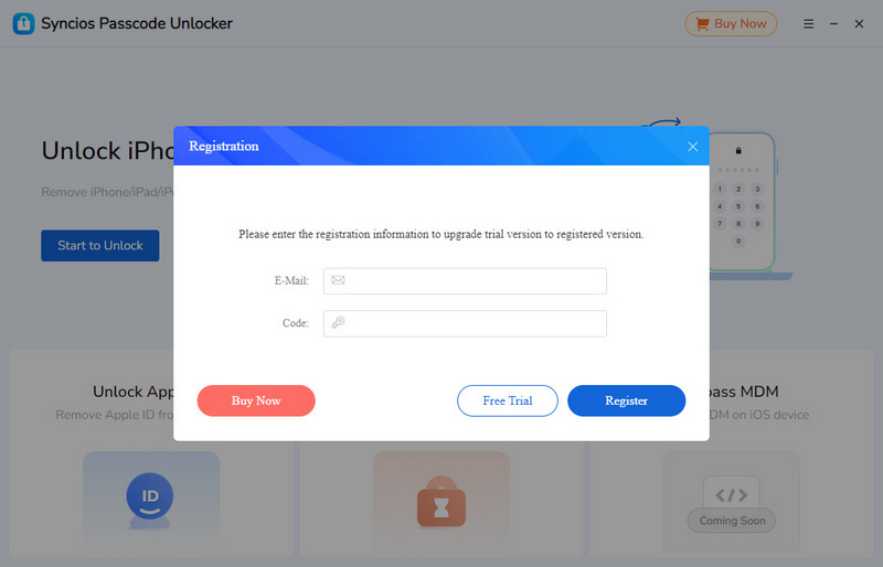 Regsiter Syncios Passcode Unlocker