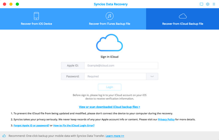 sign in to recover from iCloud
