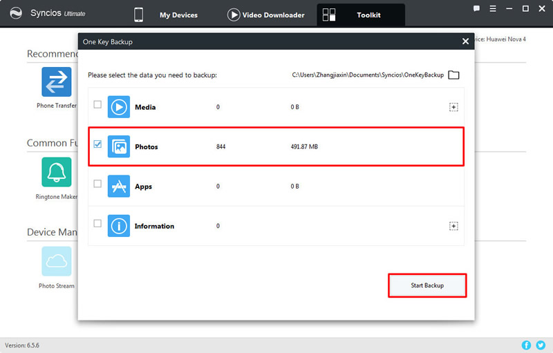 syncios 1-click backup huawei nova 4 photos