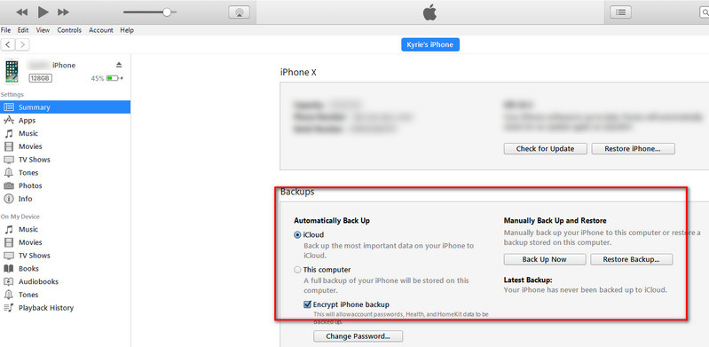 backup iPhone X on iTunes