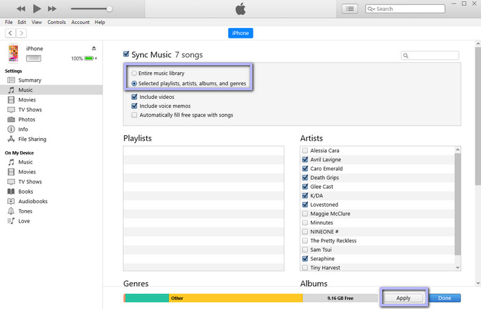 Choose songs to sync to iPhone