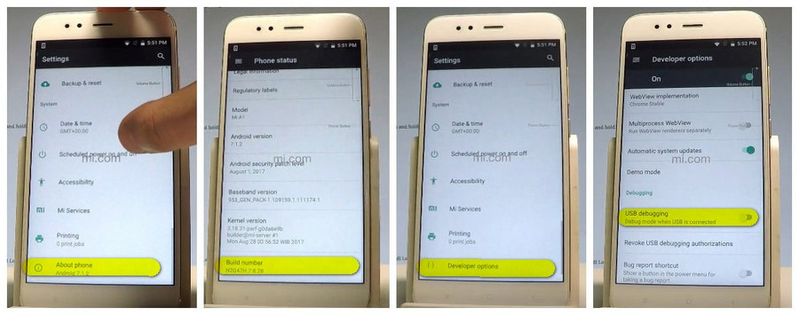 enable debugging mode on Xiaomi Mi A1