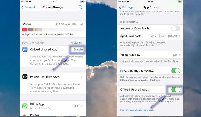 Enable iPhone to automatically offload unused apps