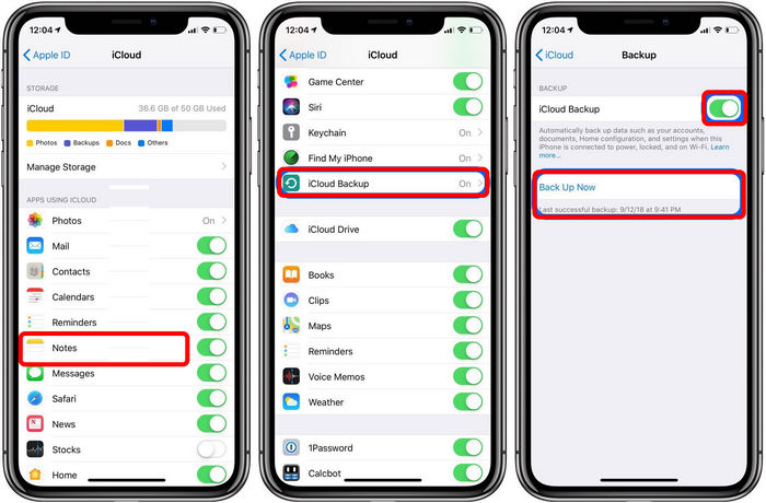 iCloud backup iPhone XS notes 