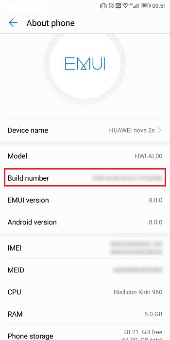 Build Number of Huawei Nova 2S
