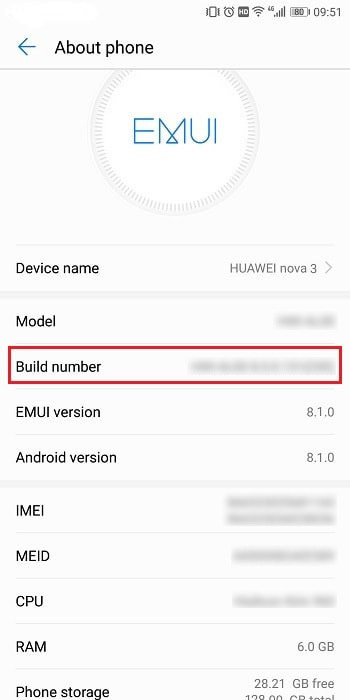 Build Number of Huawei Nova 5