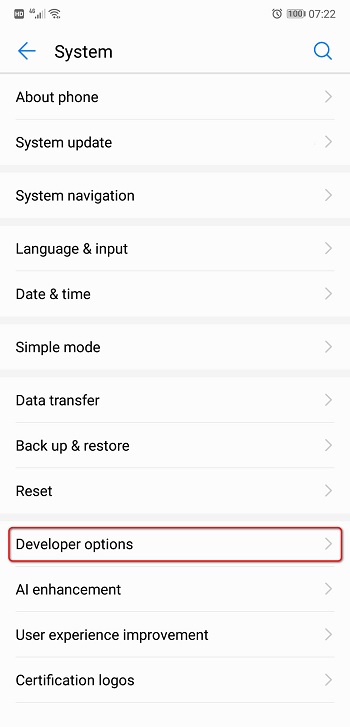 Developer Option on Huawei P30/P30 Pro