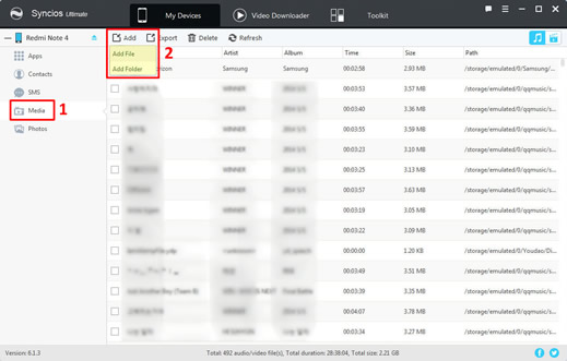 import music to Xiaomi Redmi Note 13/14 with syncios manager step2