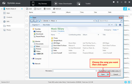 import music to Xiaomi Redmi Note 13/14 with syncios manager step3