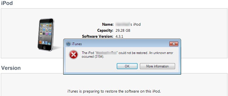 iTunes error 3194 notification