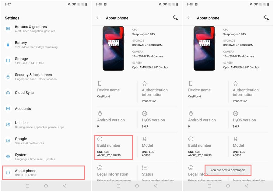 OnePlus 6 usb debugging mode