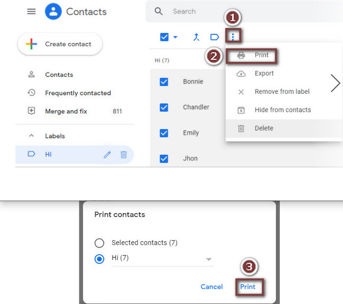 Print contacts from Gmail