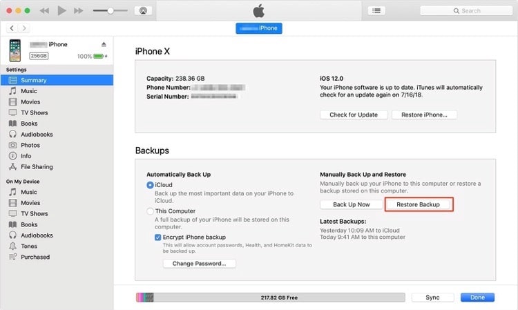 restore itunes backup to iPhone 16