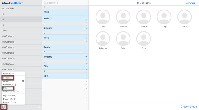 Select contacts in iCloud