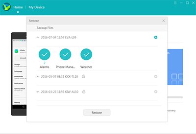 select data to restore on HiSuite 