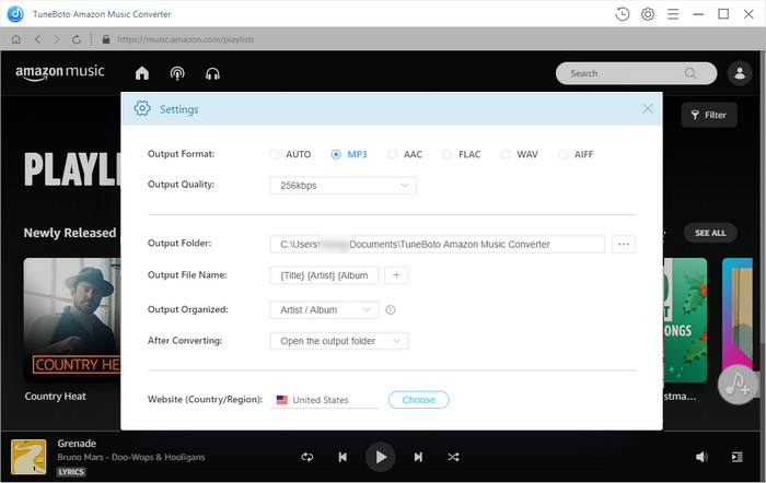 set the output parameters of amazon music