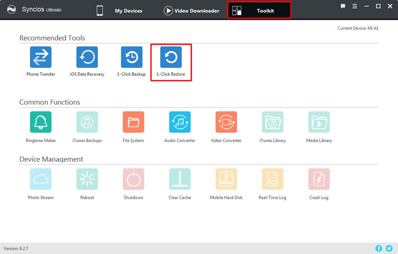 syncios 6.2.7 version 1-click restore mi a1