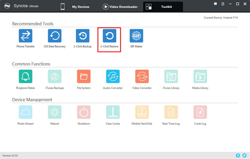 syncios 6.3.0 version 1-click restore huawei p10