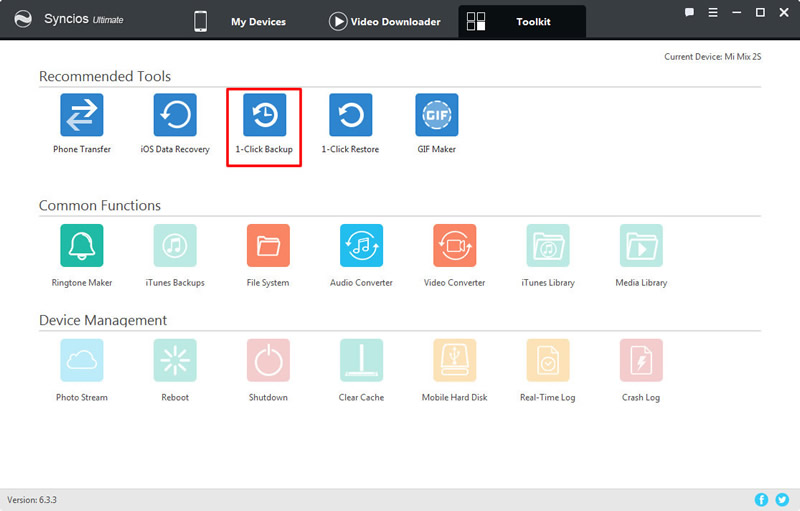 syncios 6.3.3 version 1-click backup mi mix 2s
