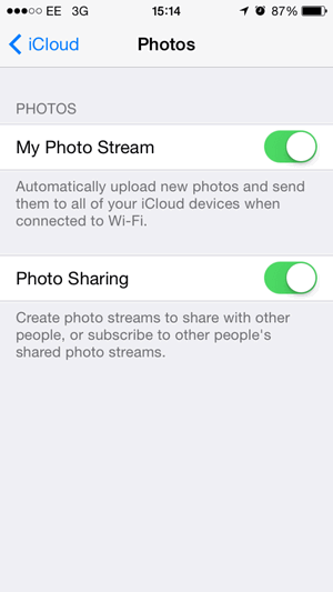 disable iCloud shared stream and photo sharing 