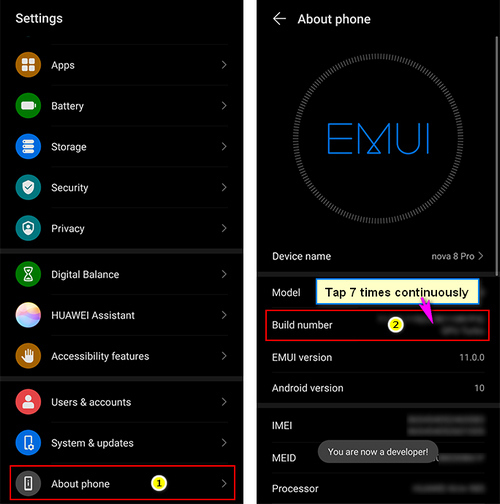 enable debugging mode on Huawei Nova 8/8 Pro