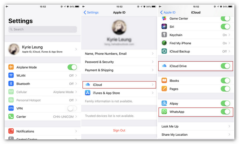 whatsapp icloud setting