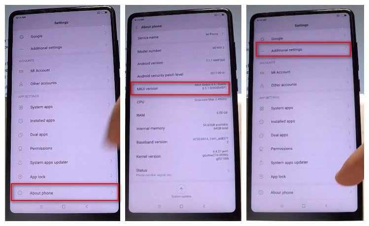 enable debugging mode on xiaomi Xiaomi Mi Mix 2