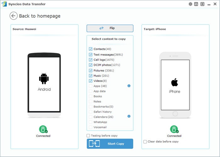 Xiaomi Mi 5 to iPhone Data Transfer interface