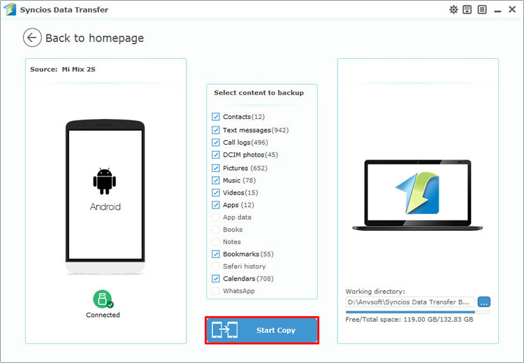 backup mi mix 2s data by syncios data transfer