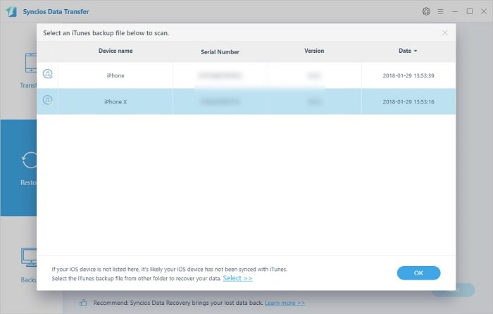 choose iTunes backup to restore