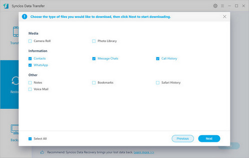 Choose types of data to transfer